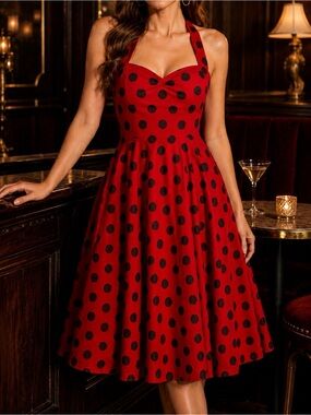 Vixen Holloway Red Black Polka Dot Halter Swing Dress Vintage 50s Large /UK 20